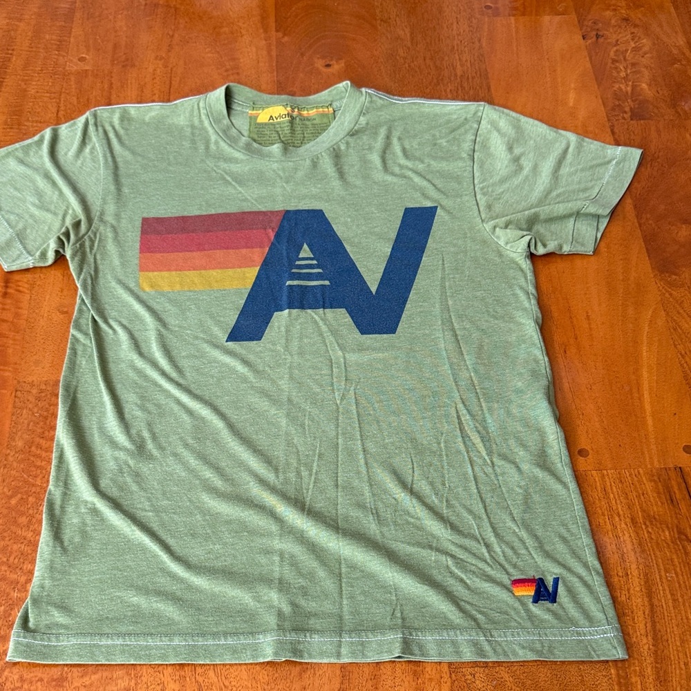Aviator Nation Sage Green Logo Tee with Retro Stripes